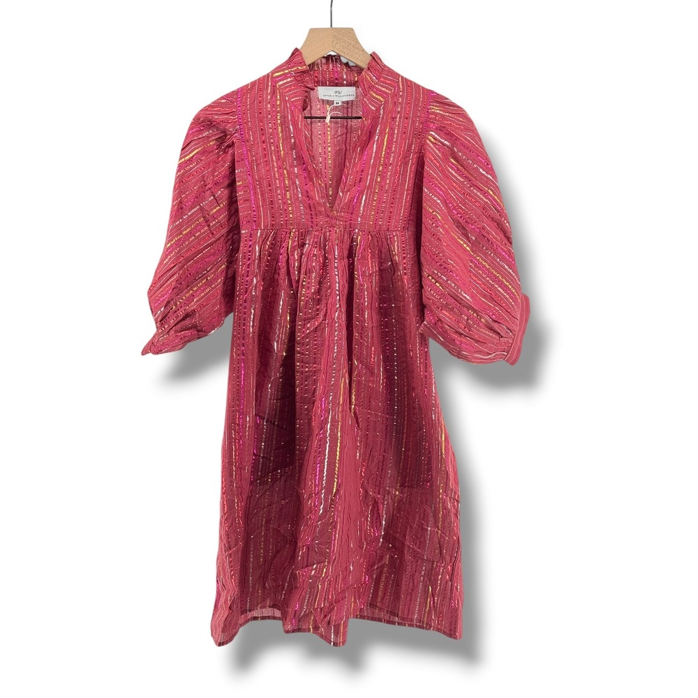 Never A Wallflower Dress Womens Medium Pink Metallic Stripe Puff Sleeve Romantic